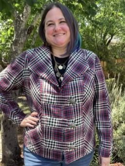 Carrie wearing her wool plaid jacket - front view
