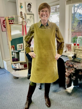 Cathy wearing her lined corduroy jumper