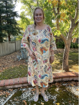 Christine wearing her Kantha quilt dress