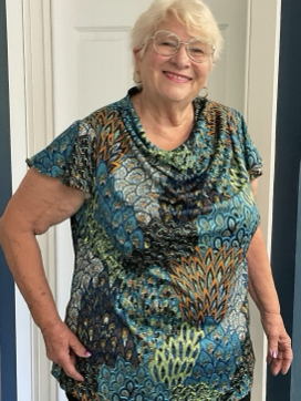 JoAnn wearing her dress made from freebie fabric
