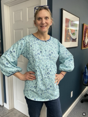 Katherine wearing top made from Jane's faces fabric