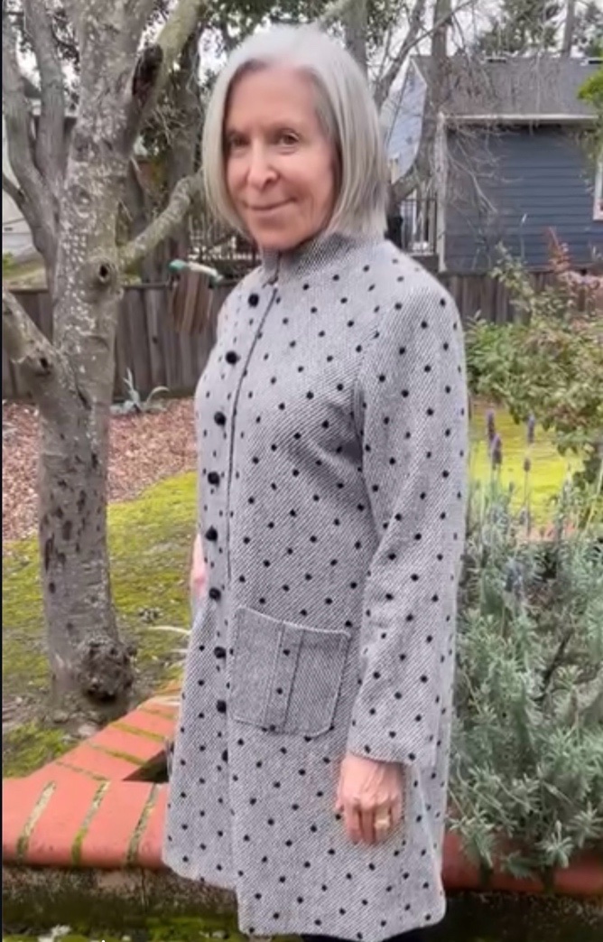 Aliza Metzner wearing her lined coat made from Japanese fabric