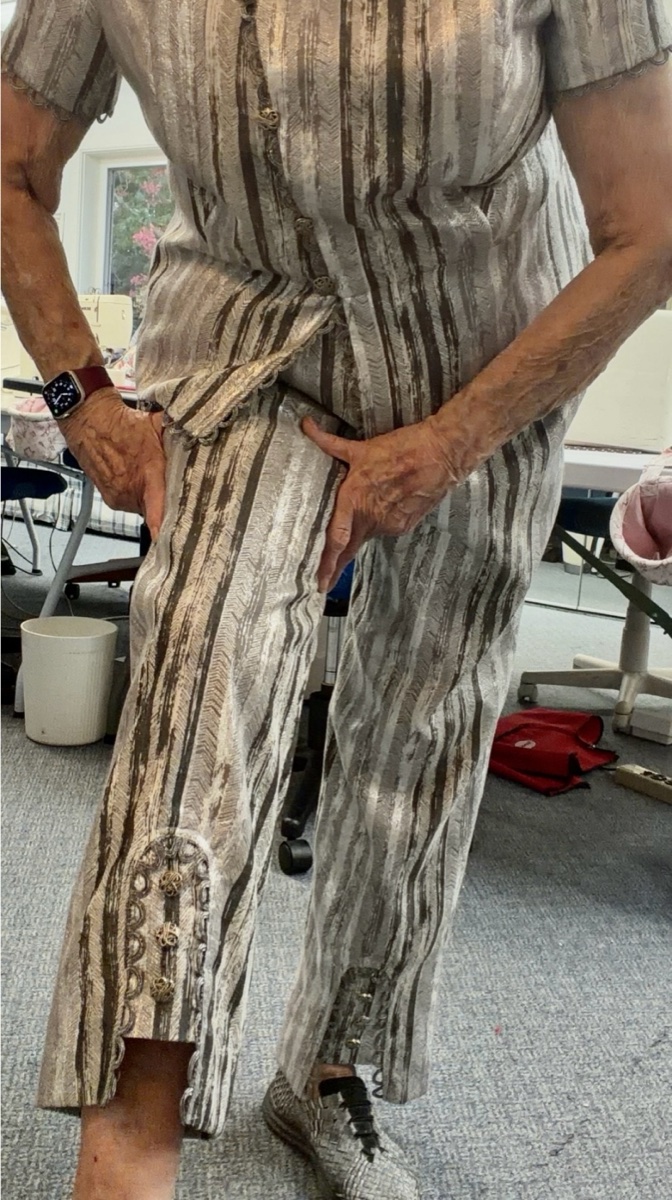 Close-up of the trim on Jane Foster’s New York fabric pants