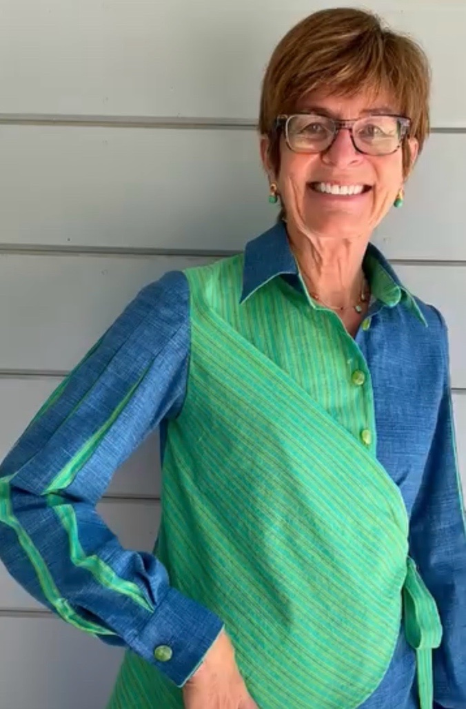 Kathy Dell wearing her wrap vest and shirt - front view