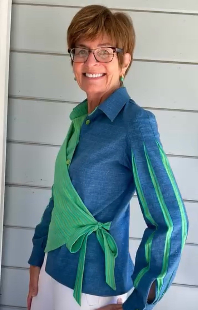 Kathy Dell wearing her wrap vest and shirt - side view